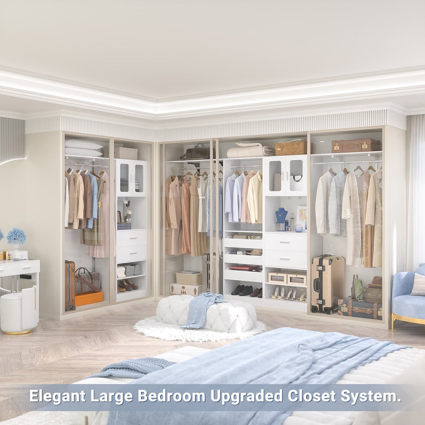 120'' Closet System with 2 Sets, 10FT Walk in Closet Organizer with 5 Drawers & 3 Hanging Rods, Reversible