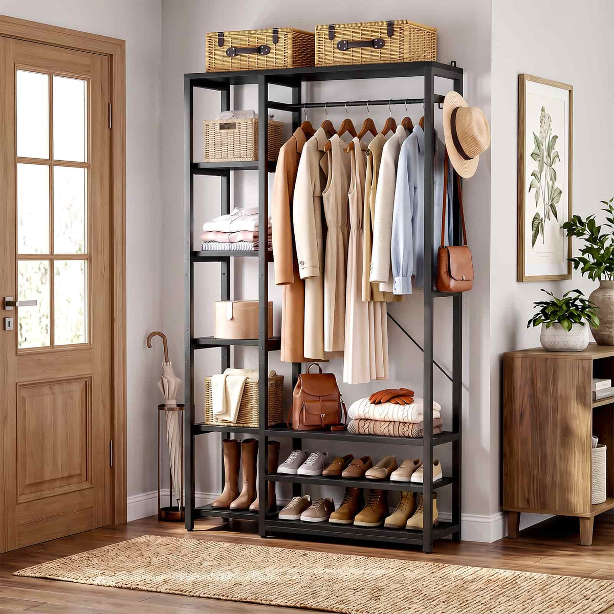 35.4" Closet Organizer System, Garment Rack with Haning Rod, 9 Storage Shelves & 2 Hooks