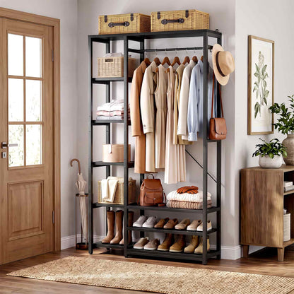 35.4" Closet Organizer System, Garment Rack with Haning Rod, 9 Storage Shelves & 2 Hooks