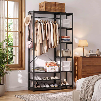 35.4" Closet Organizer System, Garment Rack with Haning Rod, 9 Storage Shelves & 2 Hooks