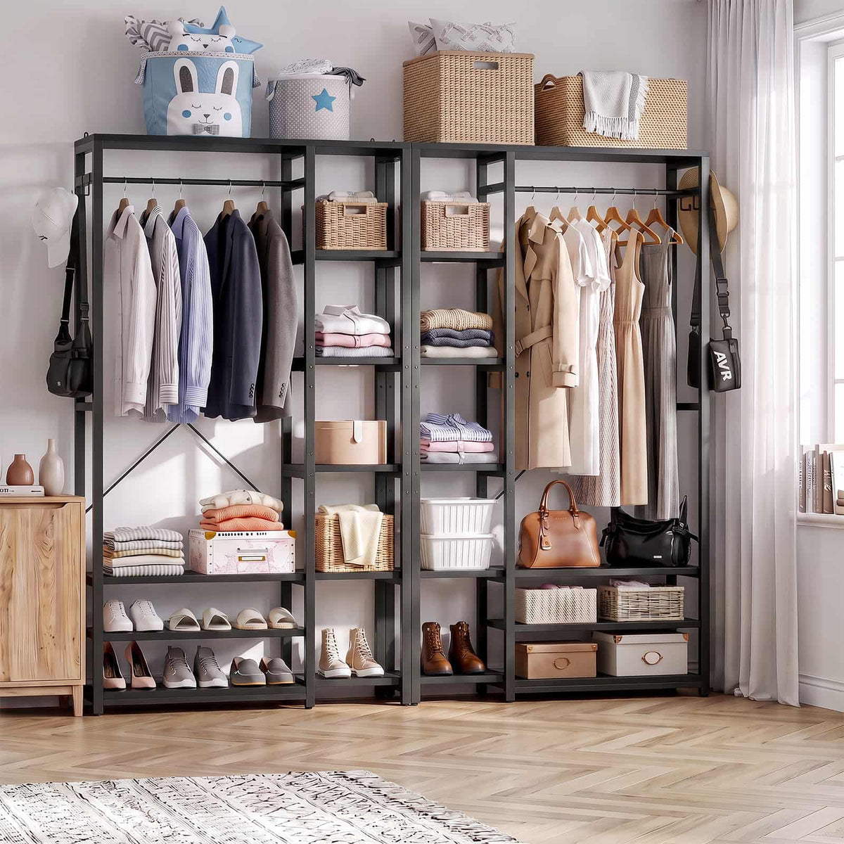 5.9FT Width 2-Piece Closet Organizer, Clothes Rack with 2 Haning Rods, 18 Storage Shelves & 4 Hooks