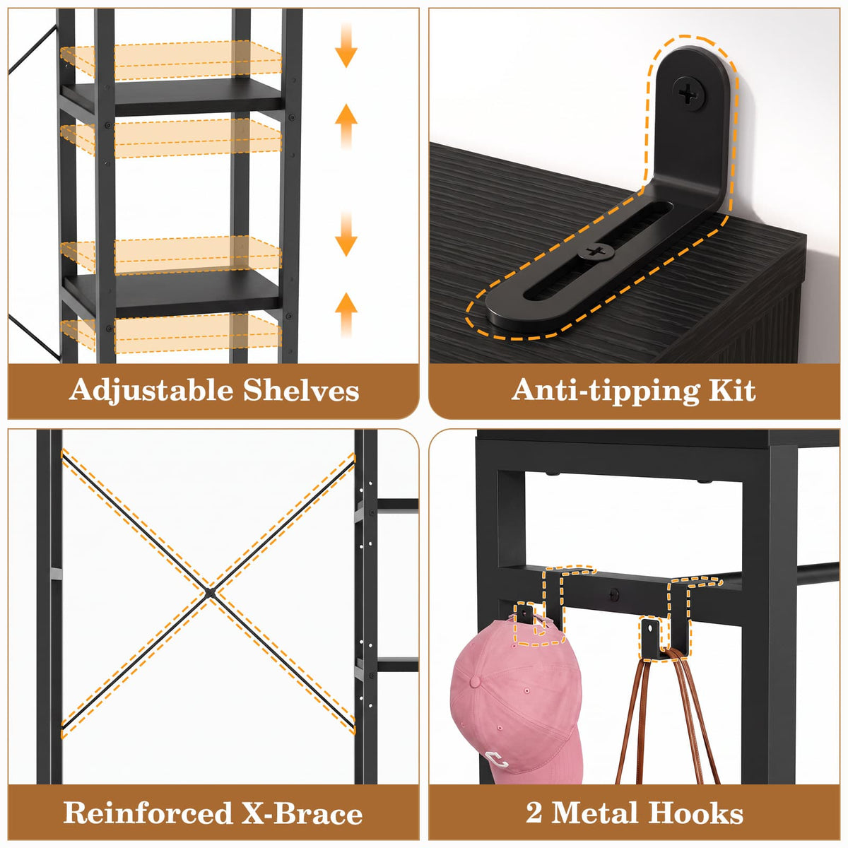 35.4" Closet Organizer System, Garment Rack with Haning Rod, 9 Storage Shelves & 2 Hooks