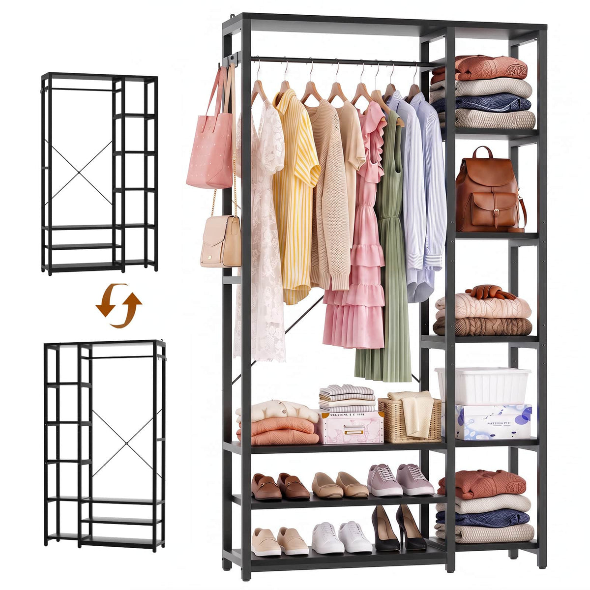 35.4" Closet Organizer System, Garment Rack with Haning Rod, 9 Storage Shelves & 2 Hooks