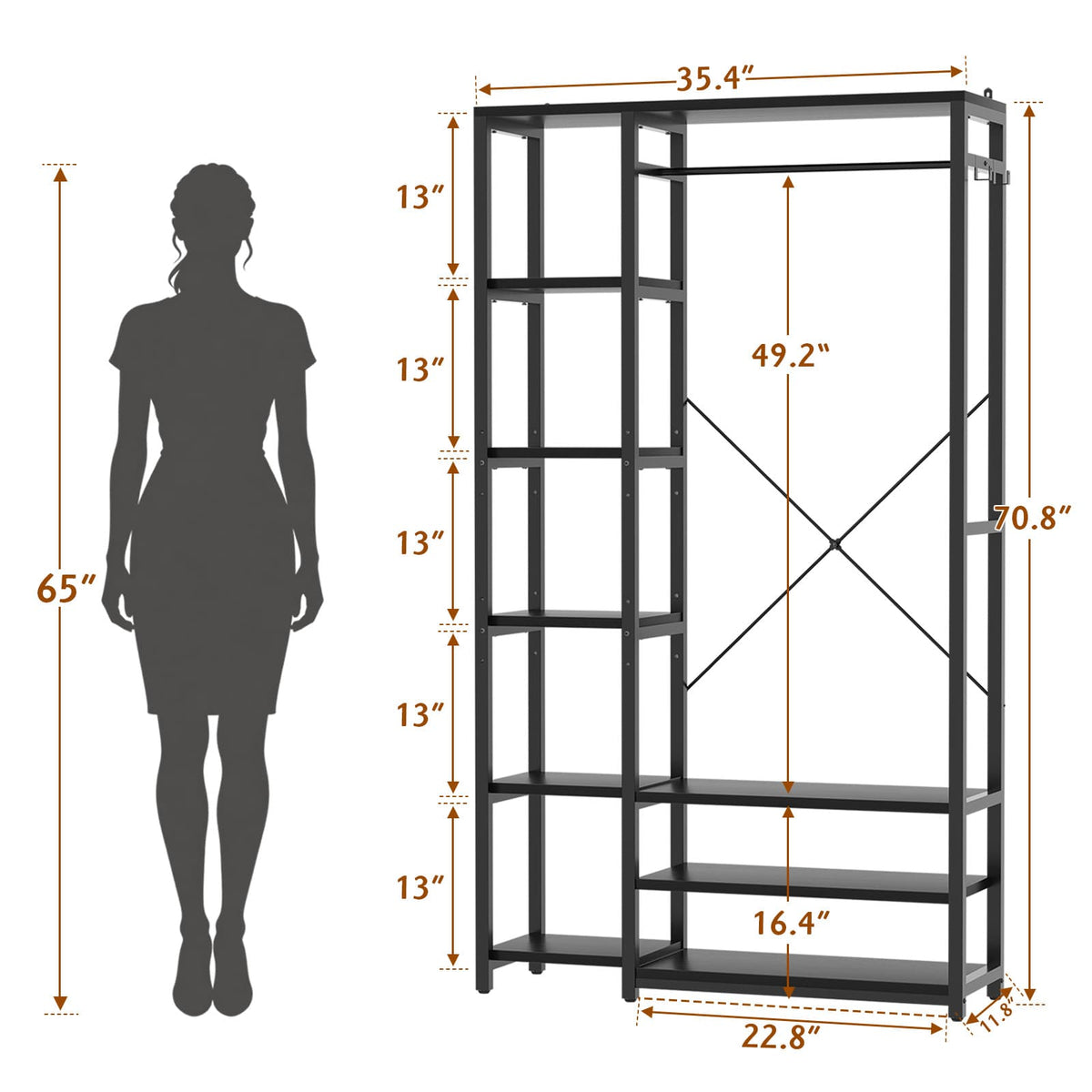 35.4" Closet Organizer System, Garment Rack with Haning Rod, 9 Storage Shelves & 2 Hooks