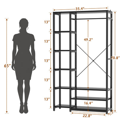 35.4" Closet Organizer System, Garment Rack with Haning Rod, 9 Storage Shelves & 2 Hooks