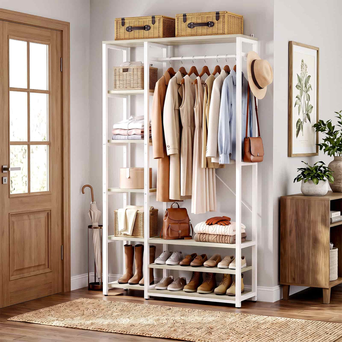 35.4" Closet Organizer System, Garment Rack with Haning Rod, 9 Storage Shelves & 2 Hooks