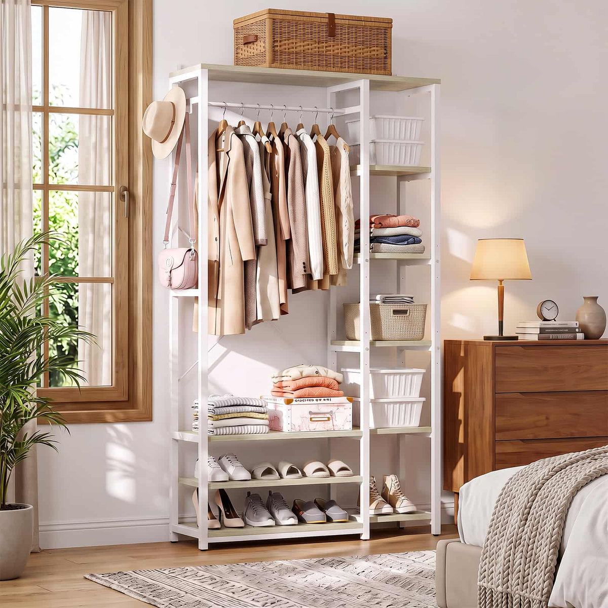 35.4" Closet Organizer System, Garment Rack with Haning Rod, 9 Storage Shelves & 2 Hooks