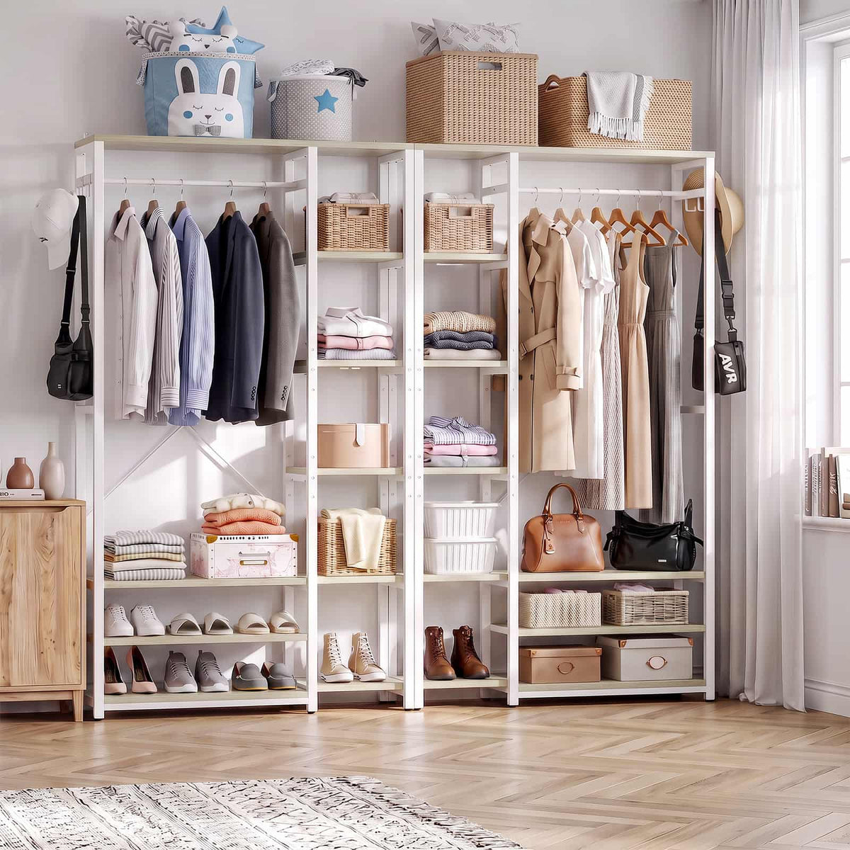 5.9FT Width 2-Piece Closet Organizer, Clothes Rack with 2 Haning Rods, 18 Storage Shelves & 4 Hooks