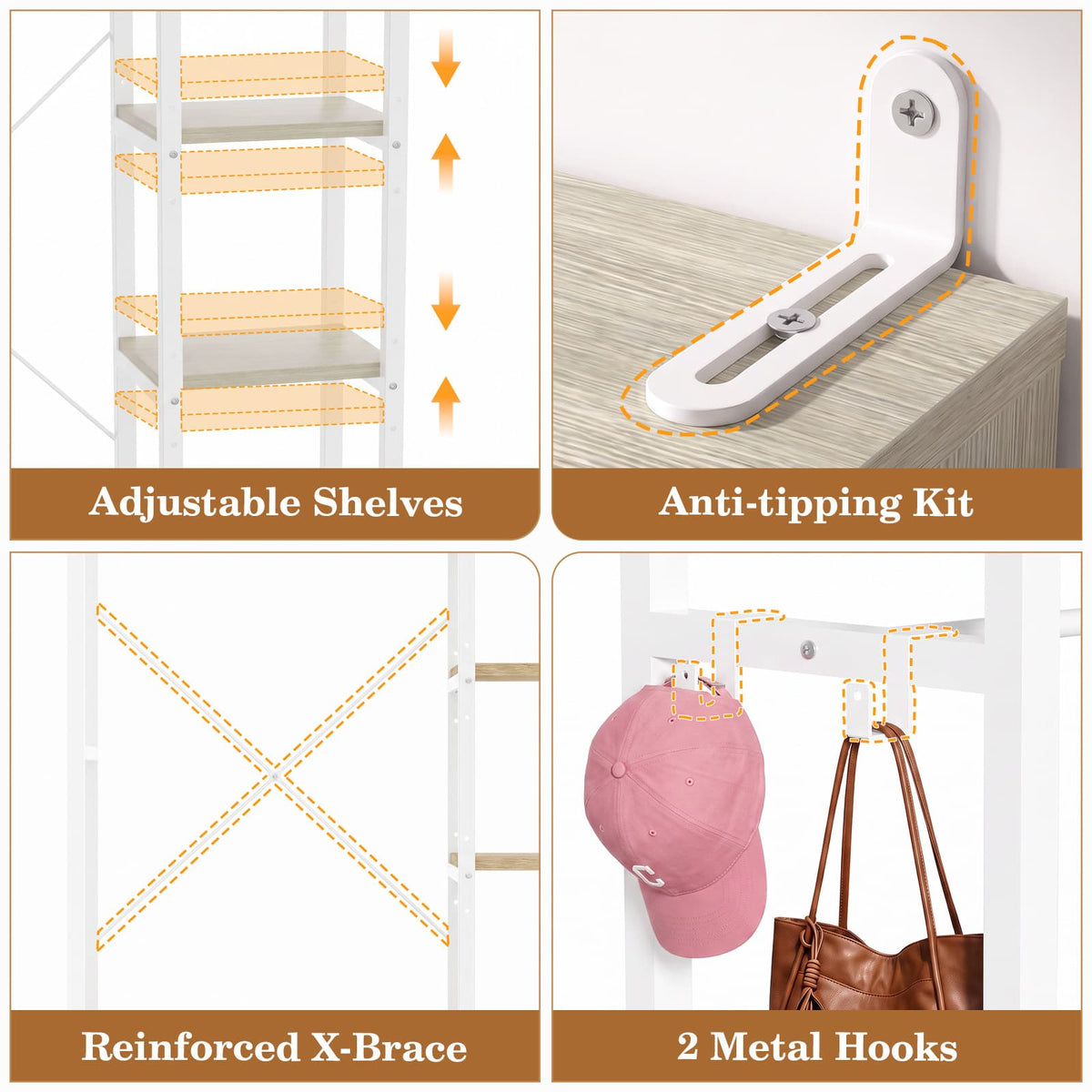 35.4" Closet Organizer System, Garment Rack with Haning Rod, 9 Storage Shelves & 2 Hooks