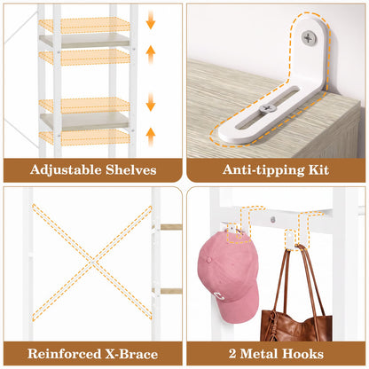 35.4" Closet Organizer System, Garment Rack with Haning Rod, 9 Storage Shelves & 2 Hooks