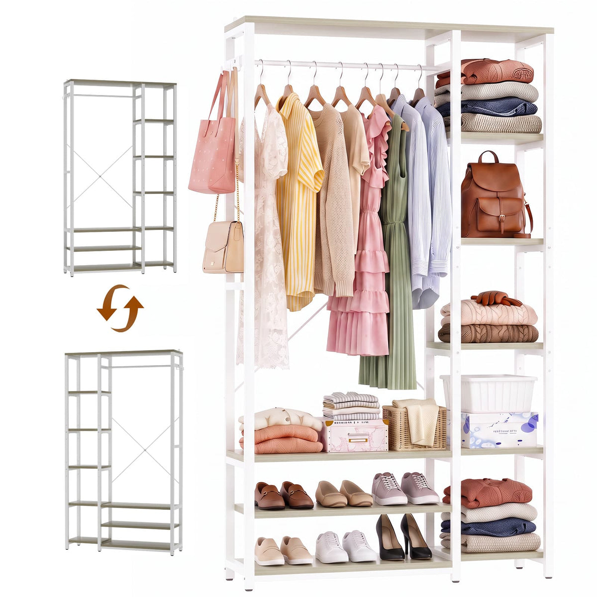 35.4" Closet Organizer System, Garment Rack with Haning Rod, 9 Storage Shelves & 2 Hooks