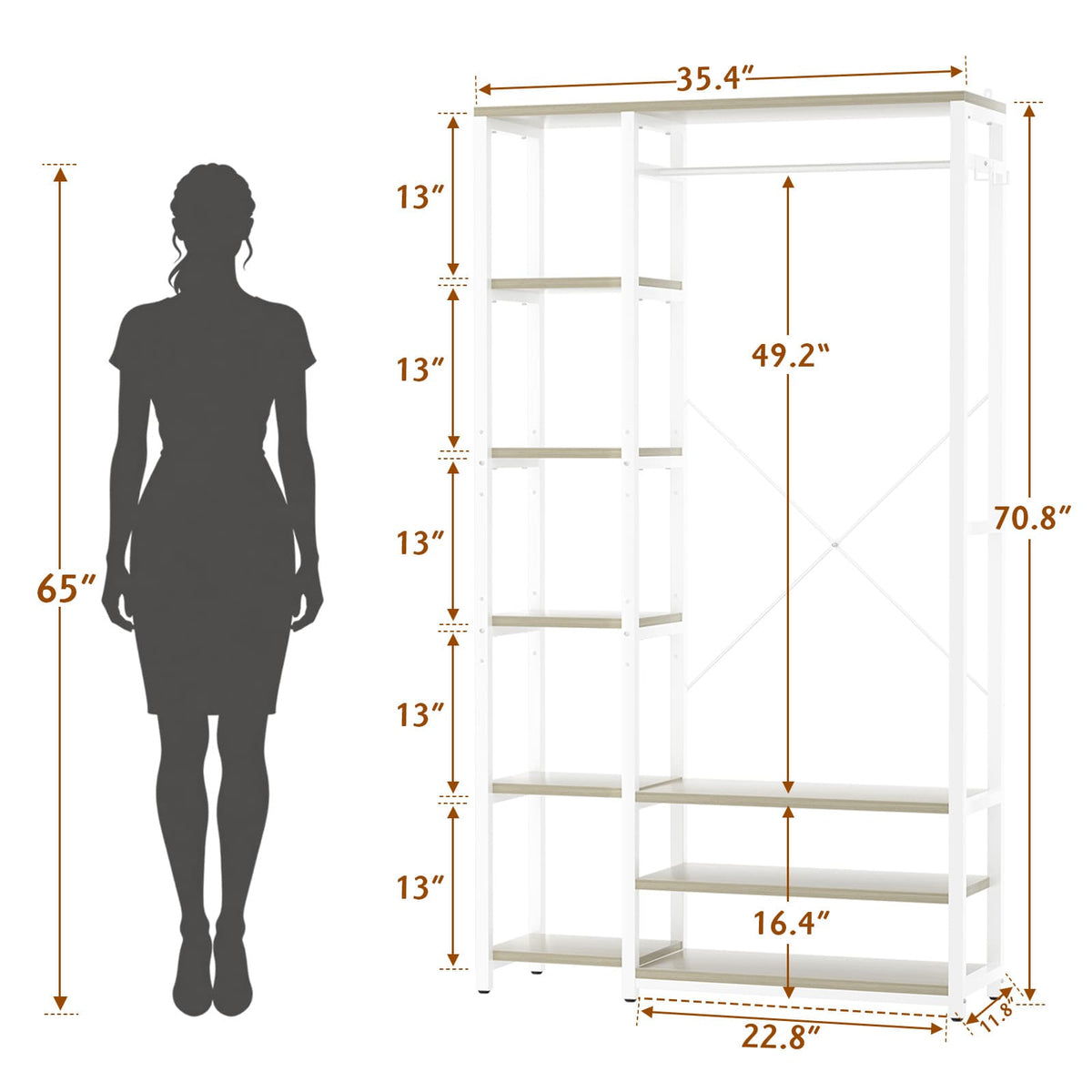 35.4" Closet Organizer System, Garment Rack with Haning Rod, 9 Storage Shelves & 2 Hooks