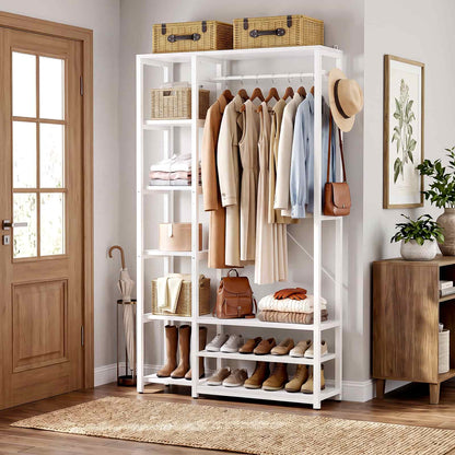 35.4" Closet Organizer System, Garment Rack with Haning Rod, 9 Storage Shelves & 2 Hooks