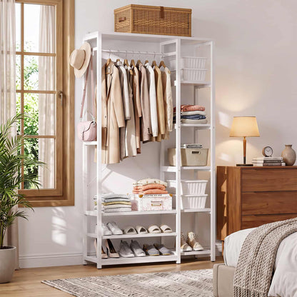 35.4" Closet Organizer System, Garment Rack with Haning Rod, 9 Storage Shelves & 2 Hooks
