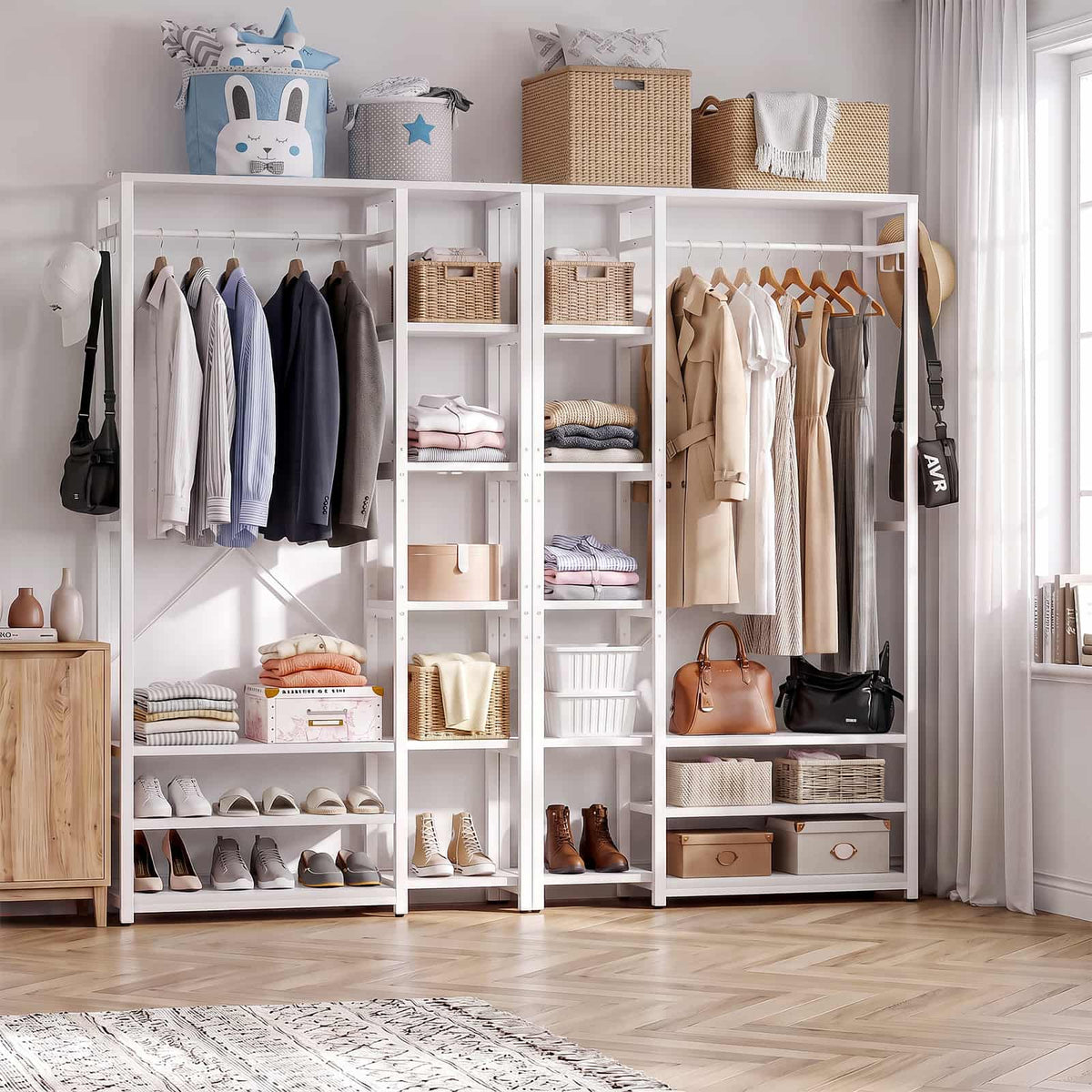 5.9FT Width 2-Piece Closet Organizer, Clothes Rack with 2 Haning Rods, 18 Storage Shelves & 4 Hooks