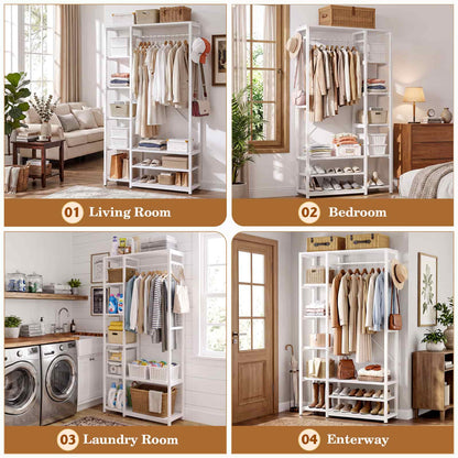 35.4" Closet Organizer System, Garment Rack with Haning Rod, 9 Storage Shelves & 2 Hooks