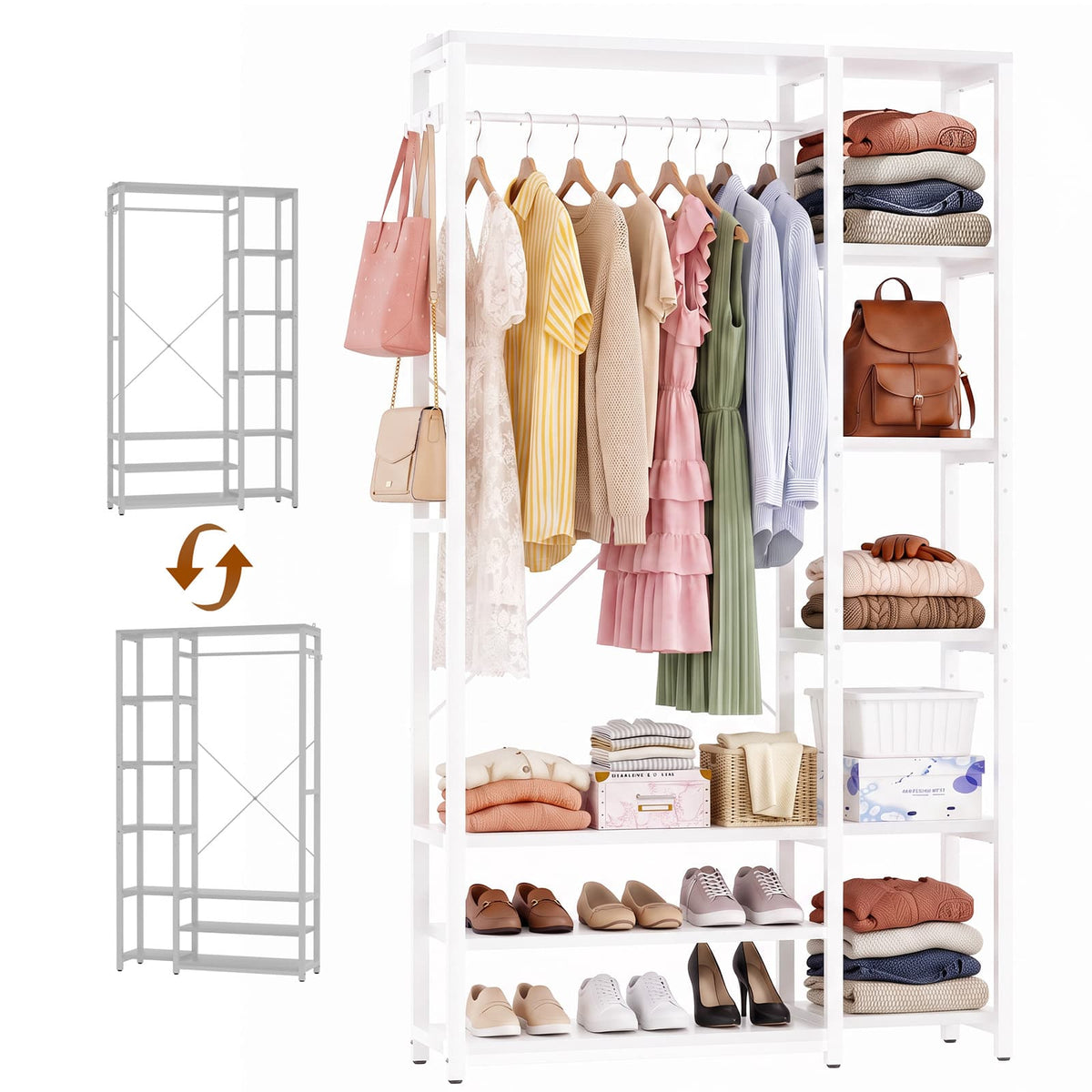 35.4" Closet Organizer System, Garment Rack with Haning Rod, 9 Storage Shelves & 2 Hooks