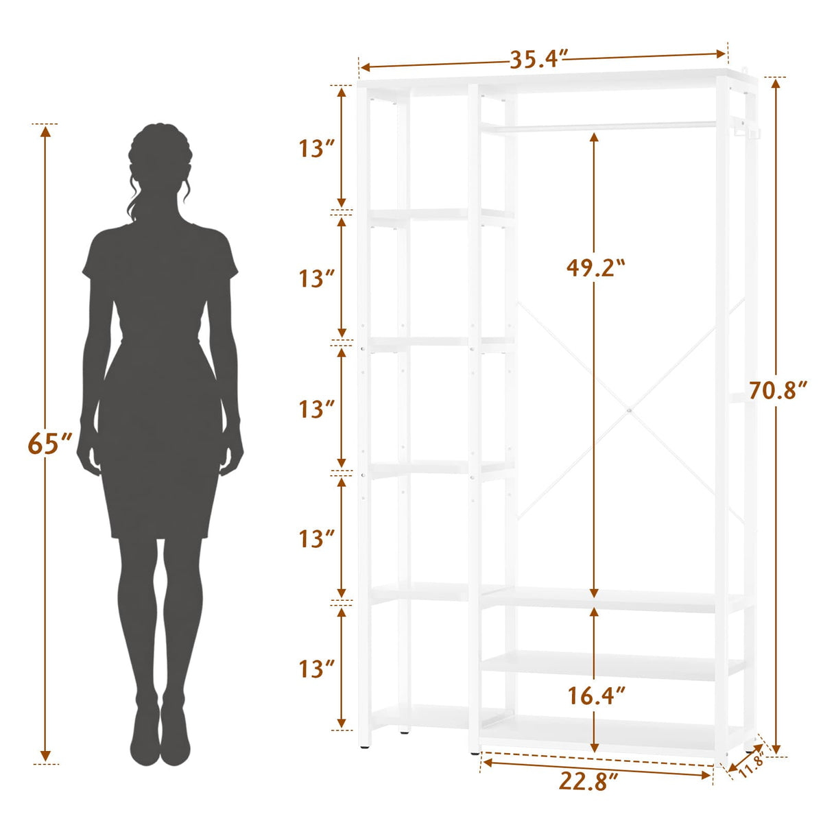 35.4" Closet Organizer System, Garment Rack with Haning Rod, 9 Storage Shelves & 2 Hooks