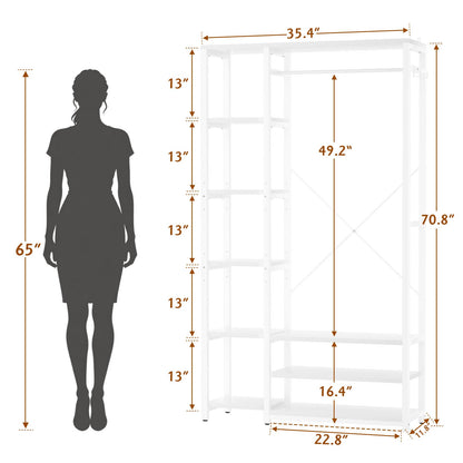 35.4" Closet Organizer System, Garment Rack with Haning Rod, 9 Storage Shelves & 2 Hooks