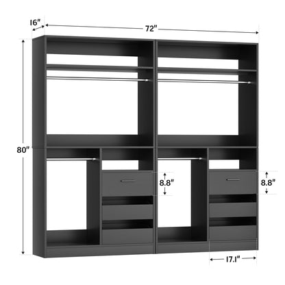 72''W x 16''D x 80''H Closet Organizer System 2-Piece Set, Heavy Duty Closet System with 6 Drawers, 4 Hanging Rods & Shelves
