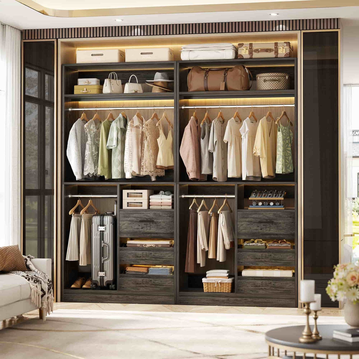 72''W x 16''D x 80''H Closet Organizer System 2-Piece Set, Heavy Duty Closet System with 6 Drawers, 4 Hanging Rods & Shelves