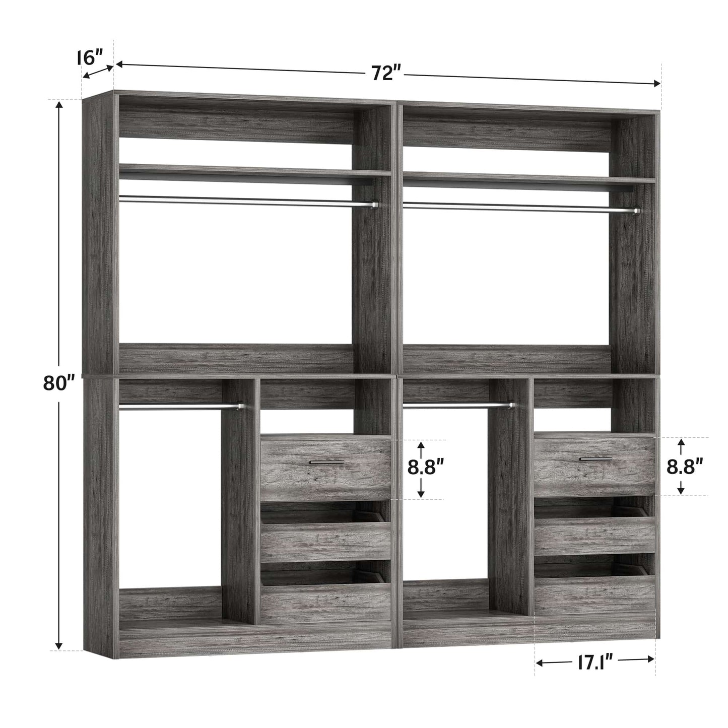 72''W x 16''D x 80''H Closet Organizer System 2-Piece Set, Heavy Duty Closet System with 6 Drawers, 4 Hanging Rods & Shelves