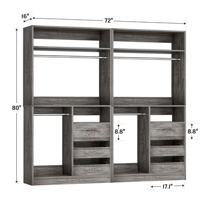 72''W x 16''D x 80''H Closet Organizer System 2-Piece Set, Heavy Duty Closet System with 6 Drawers, 4 Hanging Rods & Shelves