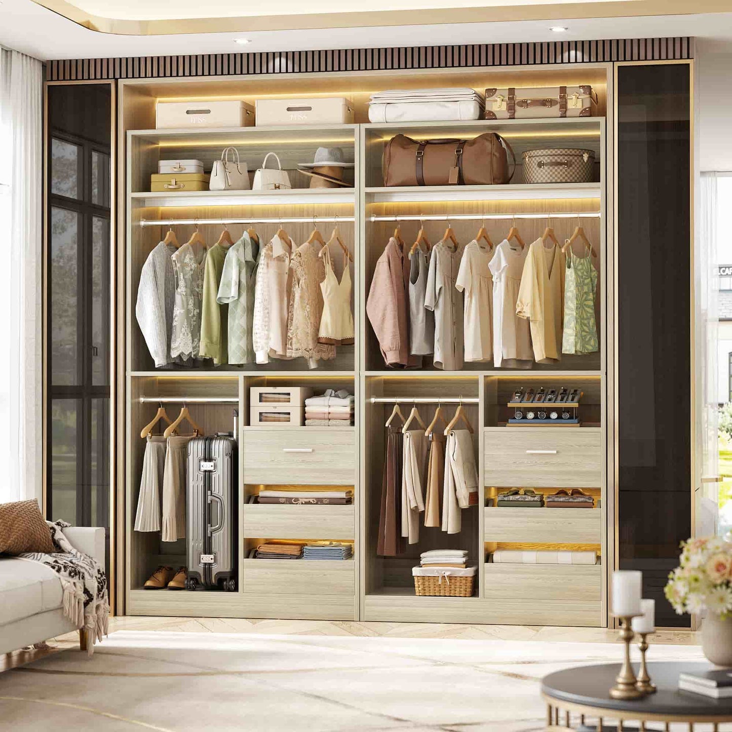 72''W x 16''D x 80''H Closet Organizer System 2-Piece Set, Heavy Duty Closet System with 6 Drawers, 4 Hanging Rods & Shelves