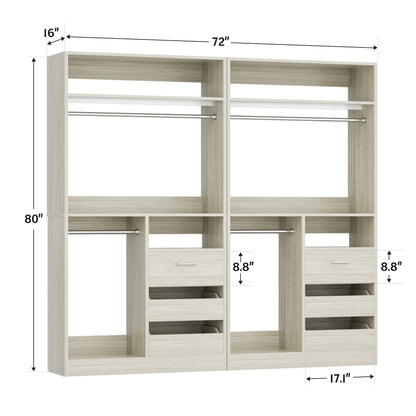 72''W x 16''D x 80''H Closet Organizer System 2-Piece Set, Heavy Duty Closet System with 6 Drawers, 4 Hanging Rods & Shelves