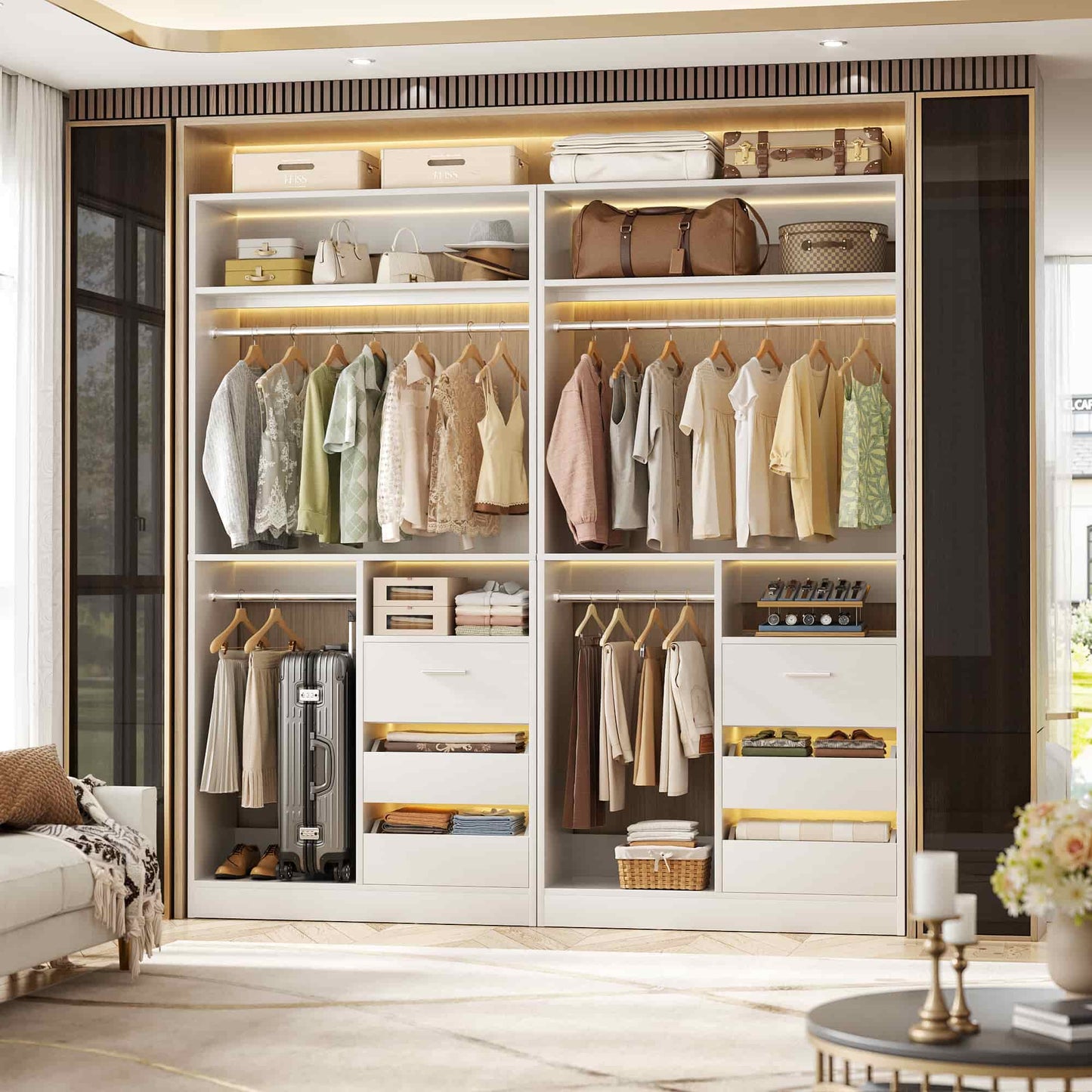 72''W x 16''D x 80''H Closet Organizer System 2-Piece Set, Heavy Duty Closet System with 6 Drawers, 4 Hanging Rods & Shelves