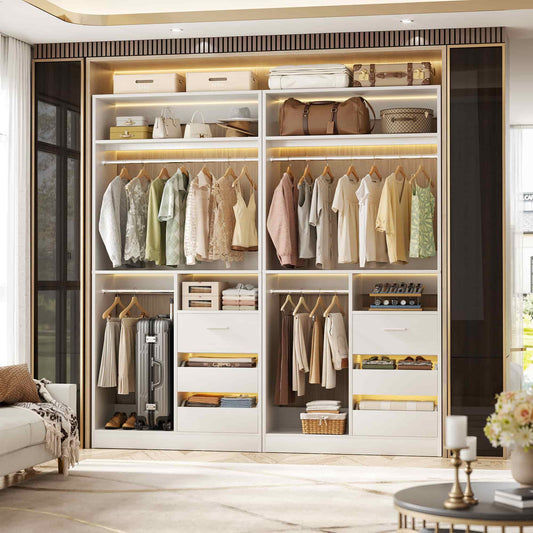 72''W x 16''D x 80''H Closet Organizer System 2-Piece Set, Heavy Duty Closet System with 6 Drawers, 4 Hanging Rods & Shelves