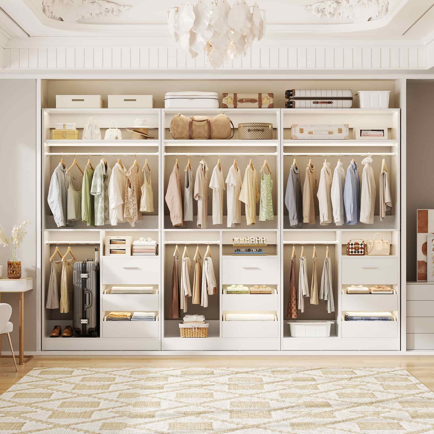 72''W x 16''D x 80''H Closet Organizer System 2-Piece Set, Heavy Duty Closet System with 6 Drawers, 4 Hanging Rods & Shelves