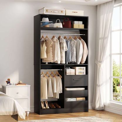 3FT Walk-in Closet System with 3 Drawers, 36'' Floor Standing Wardrobe Closet with 2 Hanging Rods & Storage Shelves