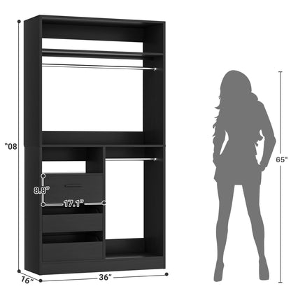 3FT Walk-in Closet System with 3 Drawers, 36'' Floor Standing Wardrobe Closet with 2 Hanging Rods & Storage Shelves