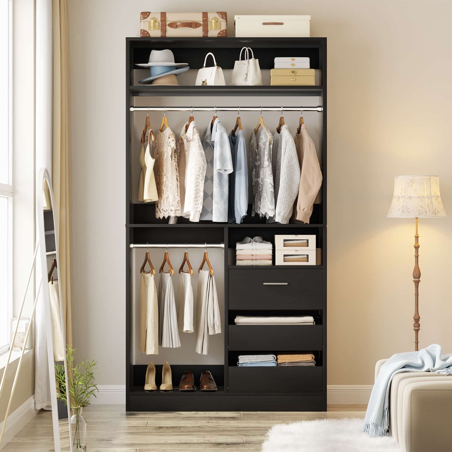 3FT Walk-in Closet System with 3 Drawers, 36'' Floor Standing Wardrobe Closet with 2 Hanging Rods & Storage Shelves