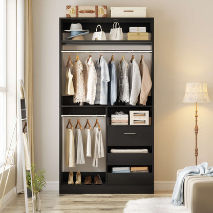 3FT Walk-in Closet System with 3 Drawers, 36'' Floor Standing Wardrobe Closet with 2 Hanging Rods & Storage Shelves