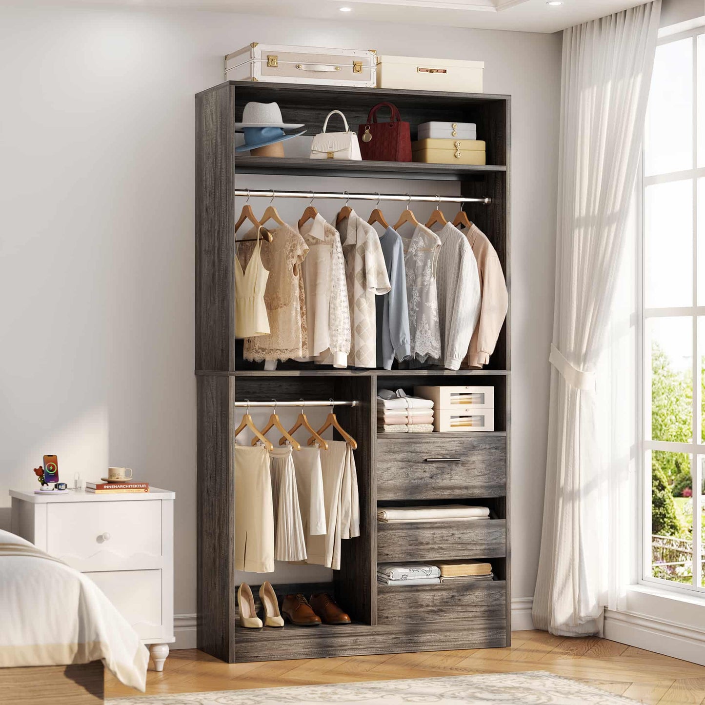 3FT Walk-in Closet System with 3 Drawers, 36'' Floor Standing Wardrobe Closet with 2 Hanging Rods & Storage Shelves