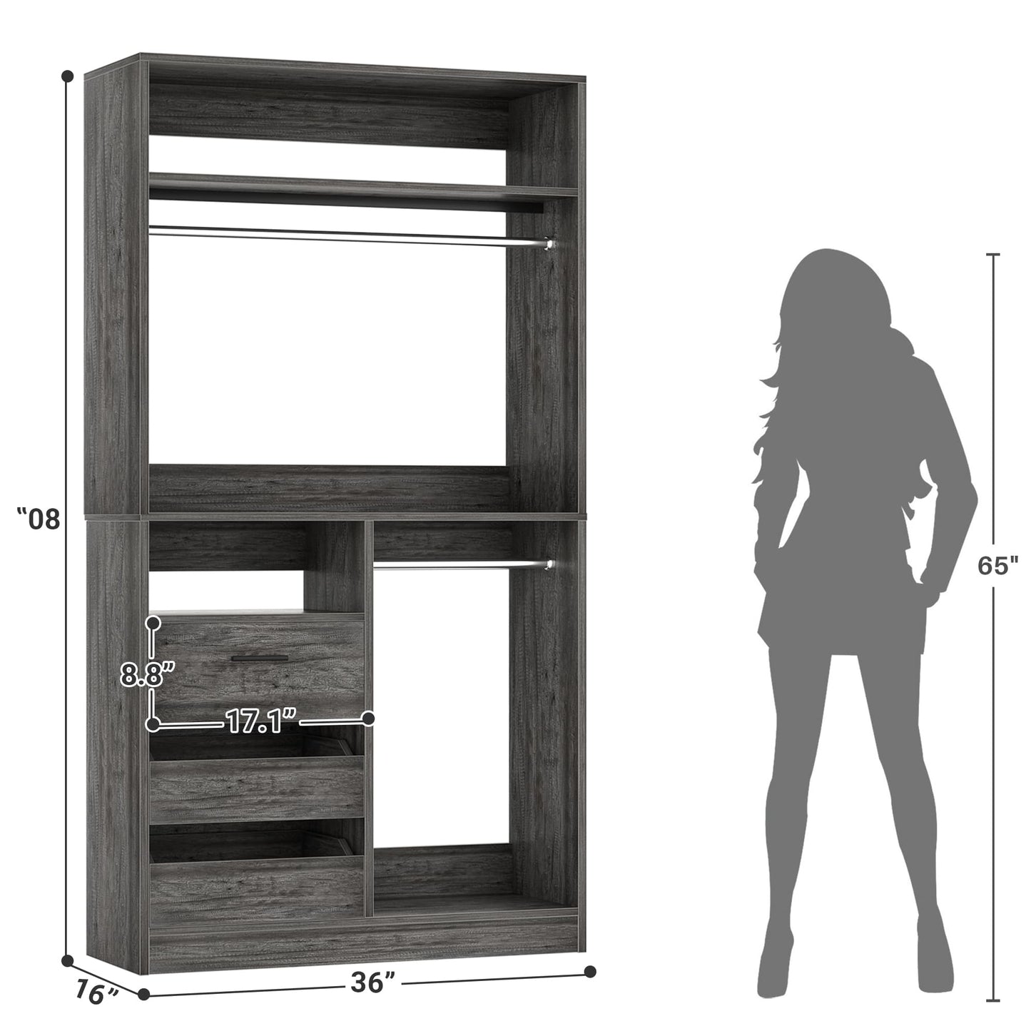 3FT Walk-in Closet System with 3 Drawers, 36'' Floor Standing Wardrobe Closet with 2 Hanging Rods & Storage Shelves