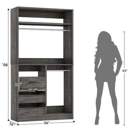 3FT Walk-in Closet System with 3 Drawers, 36'' Floor Standing Wardrobe Closet with 2 Hanging Rods & Storage Shelves
