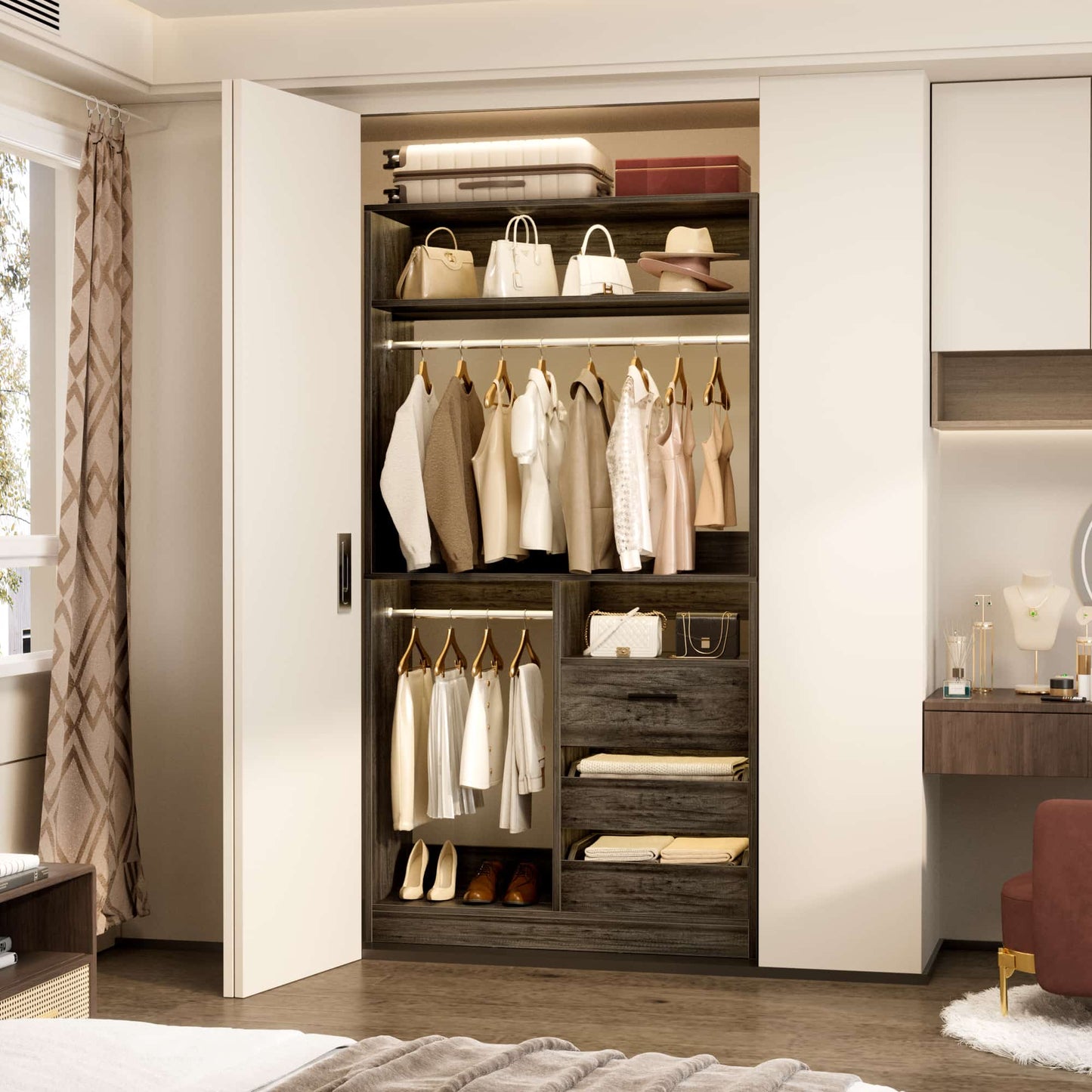3FT Walk-in Closet System with 3 Drawers, 36'' Floor Standing Wardrobe Closet with 2 Hanging Rods & Storage Shelves