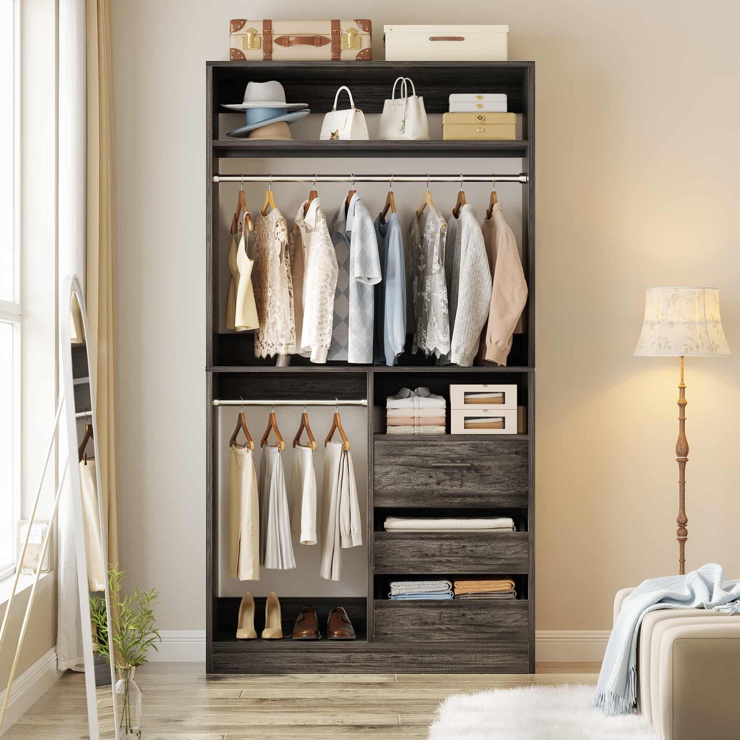 3FT Walk-in Closet System with 3 Drawers, 36'' Floor Standing Wardrobe Closet with 2 Hanging Rods & Storage Shelves
