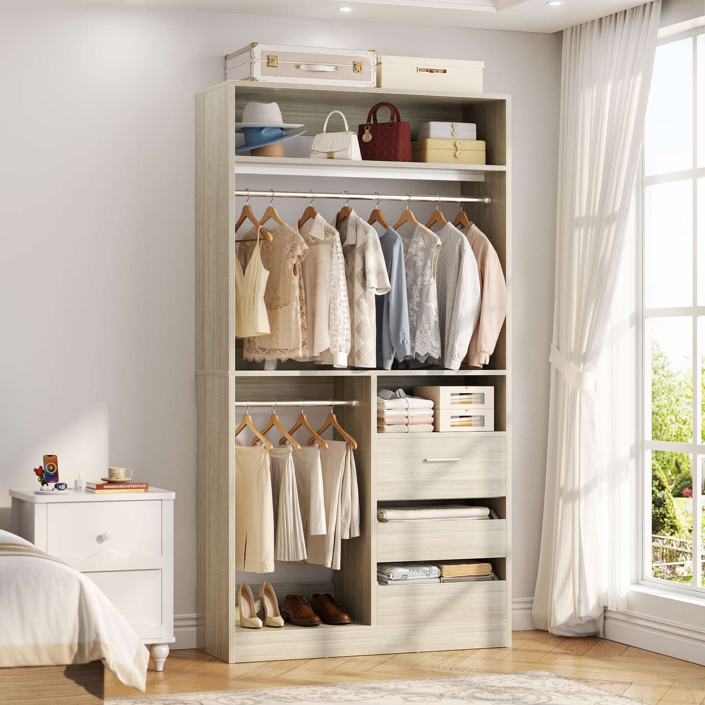 3FT Walk-in Closet System with 3 Drawers, 36'' Floor Standing Wardrobe Closet with 2 Hanging Rods & Storage Shelves