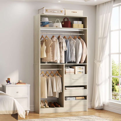 3FT Walk-in Closet System with 3 Drawers, 36'' Floor Standing Wardrobe Closet with 2 Hanging Rods & Storage Shelves