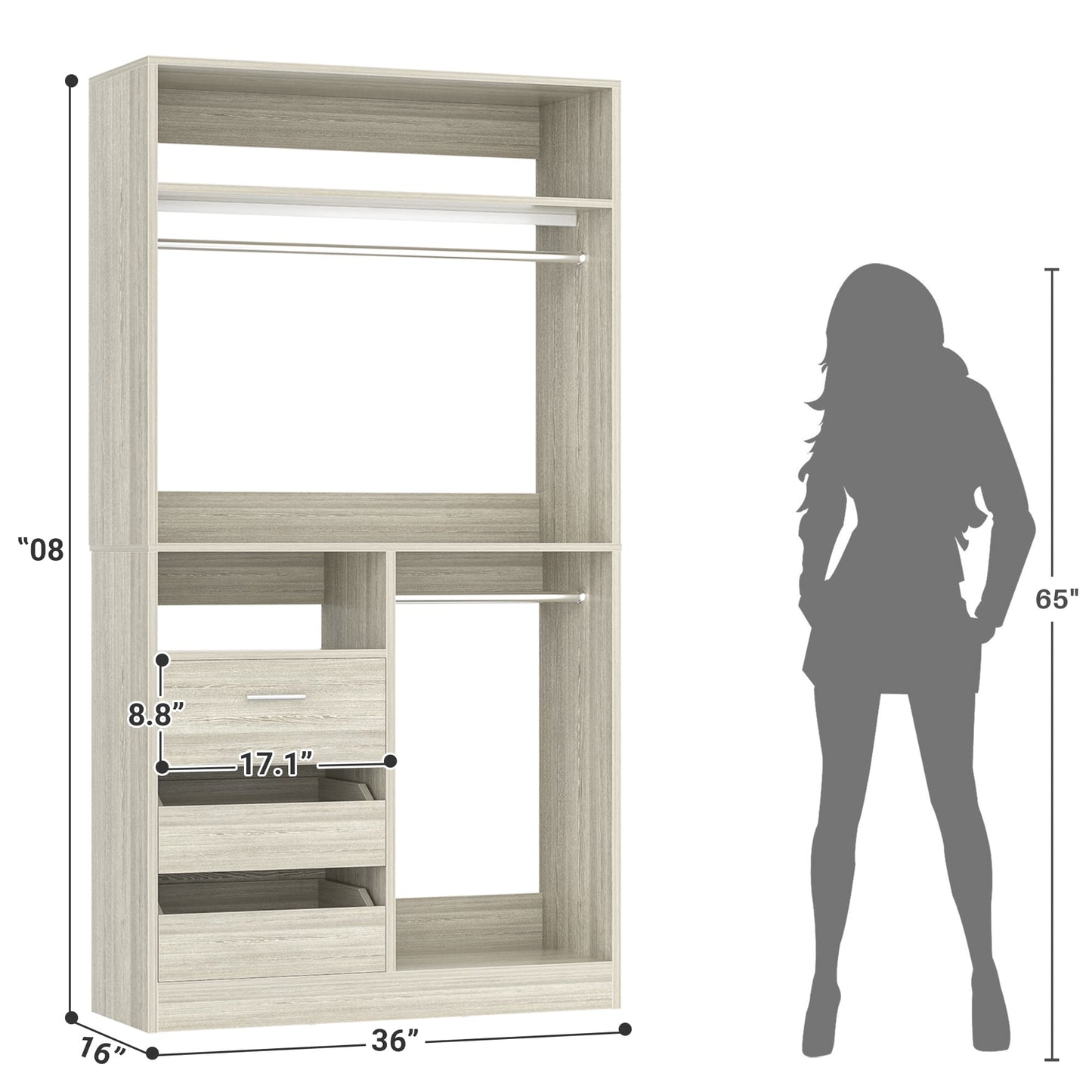 3FT Walk-in Closet System with 3 Drawers, 36'' Floor Standing Wardrobe Closet with 2 Hanging Rods & Storage Shelves