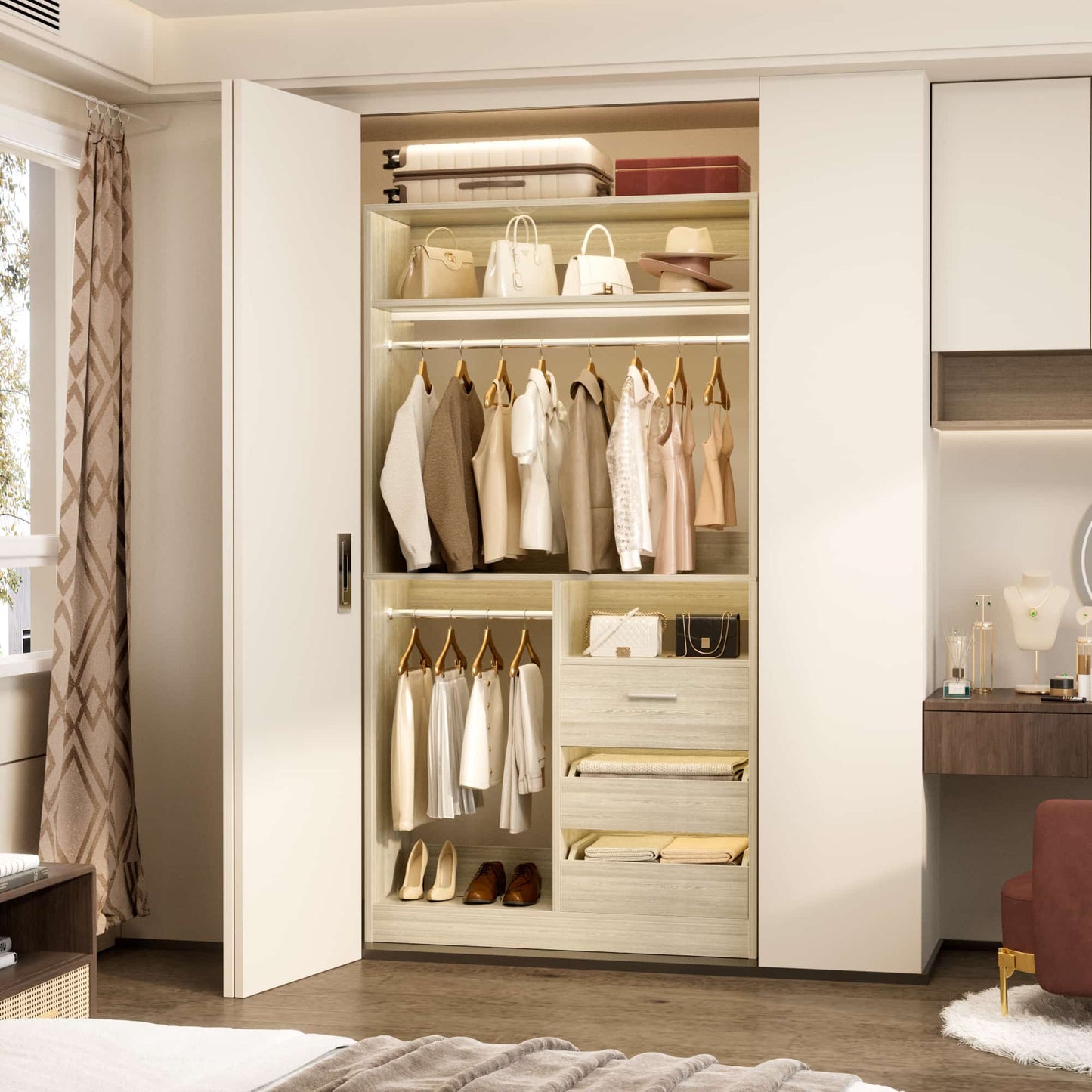 3FT Walk-in Closet System with 3 Drawers, 36'' Floor Standing Wardrobe Closet with 2 Hanging Rods & Storage Shelves
