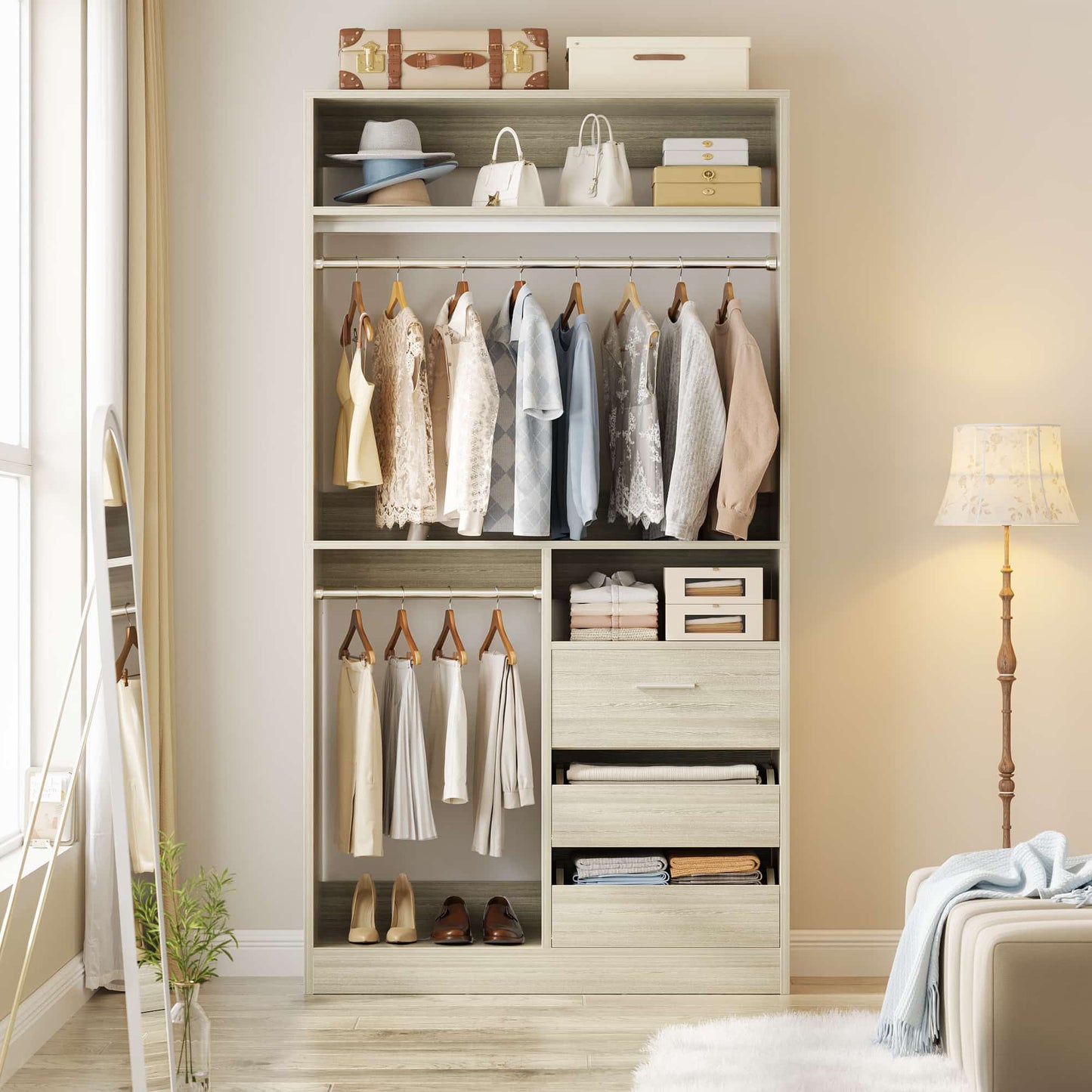3FT Walk-in Closet System with 3 Drawers, 36'' Floor Standing Wardrobe Closet with 2 Hanging Rods & Storage Shelves