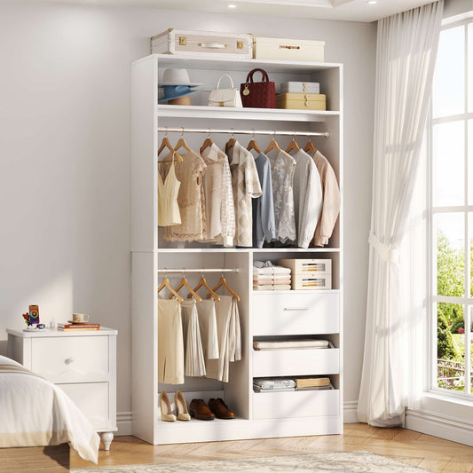 3FT Walk-in Closet System with 3 Drawers, 36'' Floor Standing Wardrobe Closet with 2 Hanging Rods & Storage Shelves
