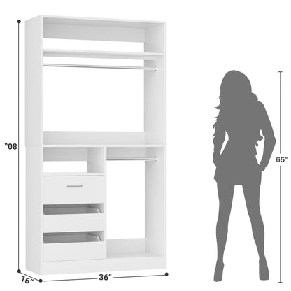 3FT Walk-in Closet System with 3 Drawers, 36'' Floor Standing Wardrobe Closet with 2 Hanging Rods & Storage Shelves