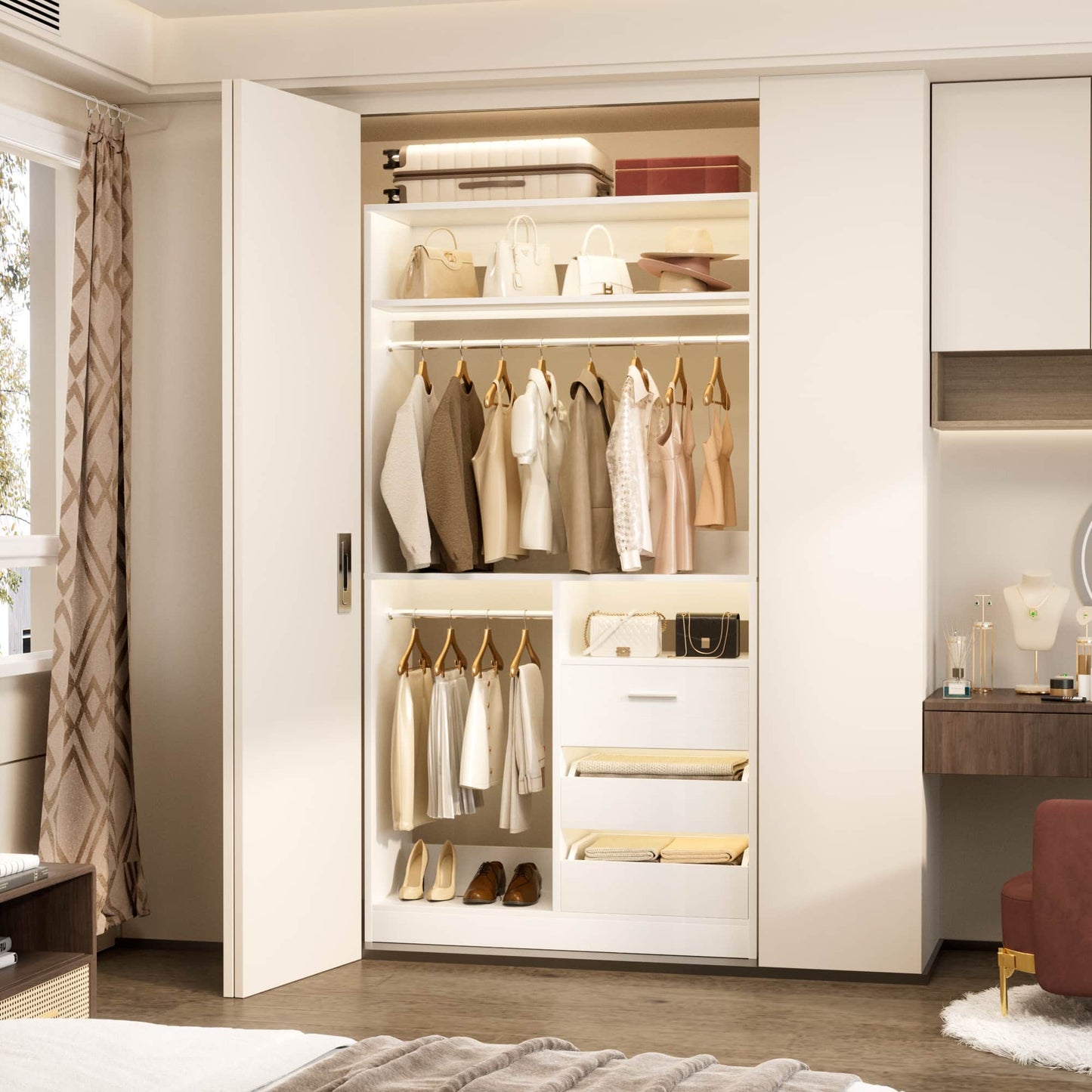 3FT Walk-in Closet System with 3 Drawers, 36'' Floor Standing Wardrobe Closet with 2 Hanging Rods & Storage Shelves