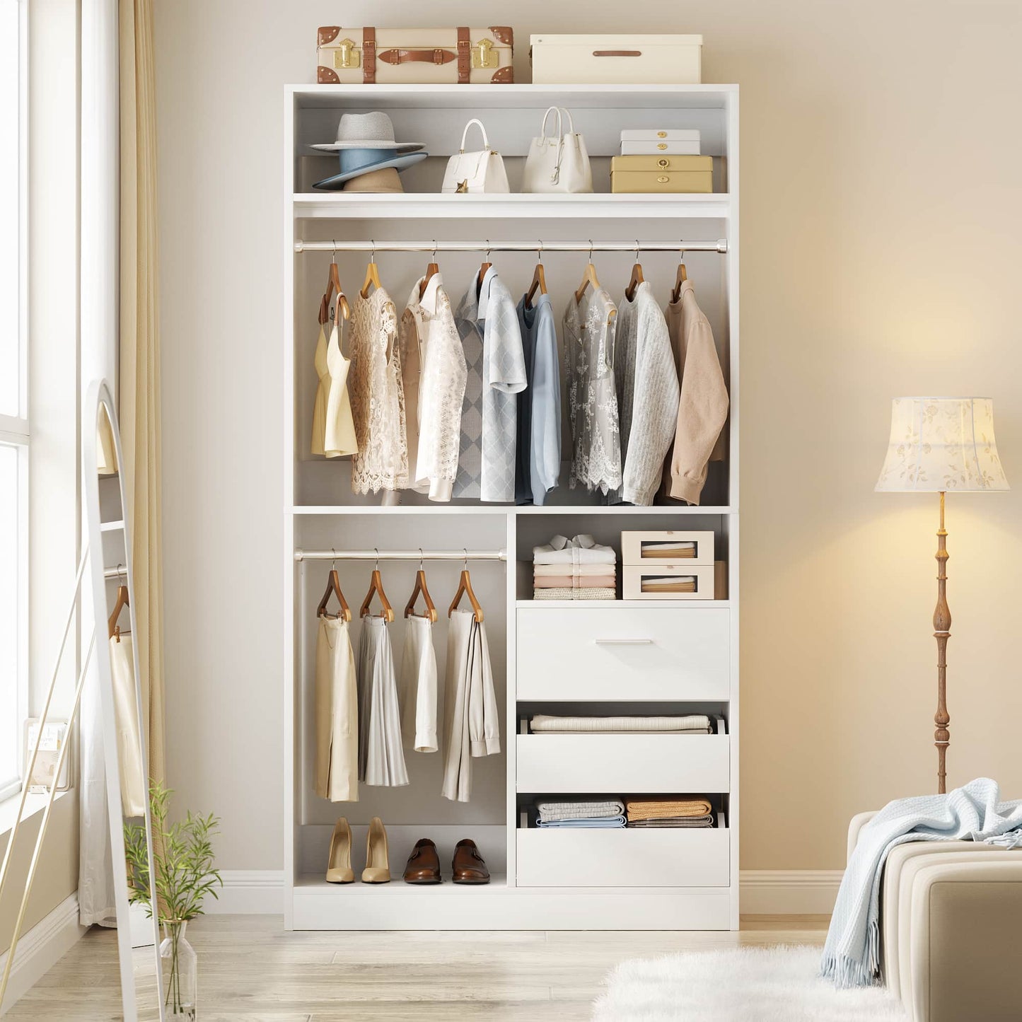 3FT Walk-in Closet System with 3 Drawers, 36'' Floor Standing Wardrobe Closet with 2 Hanging Rods & Storage Shelves